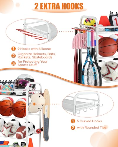 EXTCCT Garage Sports Equipment Organizer - Rolling Ball Storage Bin with Wheels, Garage Sports Gear Rack Outdoor Basketball Racks for Balls with Baseball Bat Holder and Hooks, Toy Organizer(White) - color: White