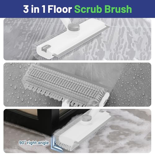 3 in 1 Floor Scrub Brush with Long Handle & Squeegee | Heavy-Duty, Adjustable, 360° Rotating Head for Cleaning Tile Bathroom Deck Kitchen Patio, White - color: White