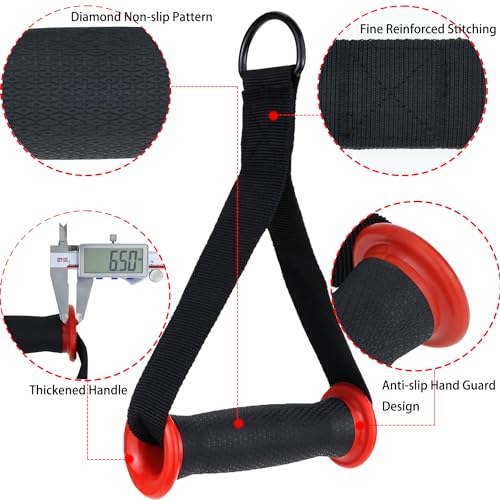 Resistance Band Handles, 2 Pack Heavy Duty Cable Machine Grips | Reinforced 2 in. webbing, D-rings, and textured grips for bands, cable machines, strength training - color: Red