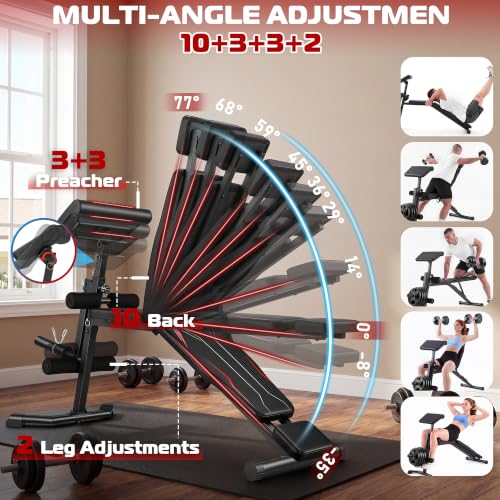 OPPSDECOR Adjustable Weight Bench, 800 LBS Foldable Workout Bench with Leg Extension & Preacher Curl, Extended Headrest, Incline Decline Flat, Heavy Duty Bench Press for Home Gym Strength Training