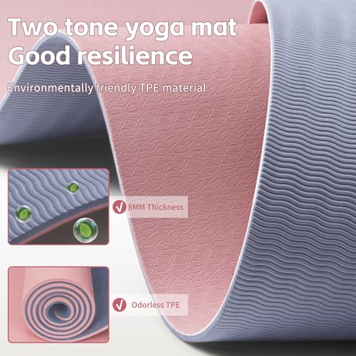 PAIDU Yoga Mat 8mm TPE Non‑Slip Fitness Mat with Strap for Home Workouts | SGS Certified, Odorless, Tear‑Resistant, Unisex, for Yoga, Pilates, Meditation, Home & Gym Workouts - color: Deep Pink&Grey