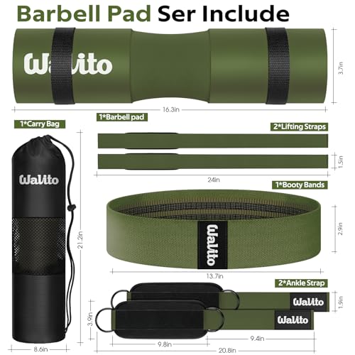 WALITO 8Pcs Barbell Pad Set for Hip Thrust - Squat Pad,Gym Accessories for Women with Bar Bad,Bench Press, with Gym Ankle Straps,Resistance Bands for Working Out,Lifting Strap,Carry Bag - color: Green