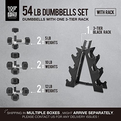 WF Athletic Supply Rubber Encased Hex Dumbbells with Rubber Grip Contoured Handle for Muscle Toning, Strength Building & Full Body Workout - color: n. 5LB, 10LB and 12LB Pair w/ 3-Tier Rack