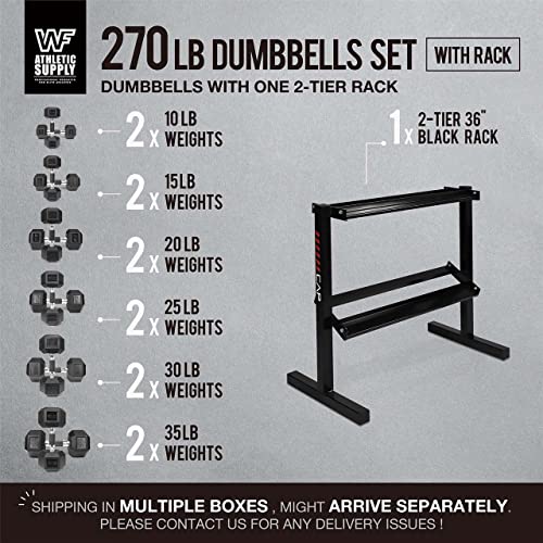 WF Athletic Supply Rubber Encased Hex Dumbbells with Rubber Grip Contoured Handle for Muscle Toning, Strength Building & Full Body Workout - color: v. 270LB Dumbbell Set w/ 2-Tier Rack