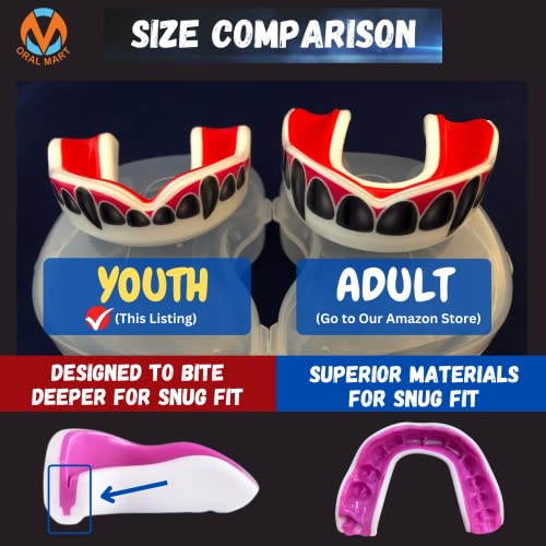 Oral Mart Youth Sports Mouth Guard for Kids (USA Flag, Fangs, 20+ Colors to Choose from) Mouthguard for Football, MMA, Karate, Boxing, Rugby, BJJ, Flag Football – /w Case (Youth, Strapless) - color: Black Fangs