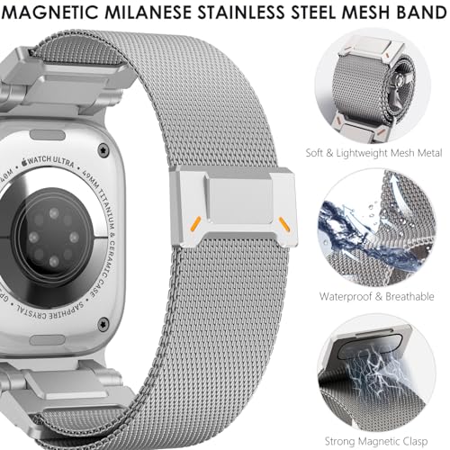 WINGLE Milanese Loop for Apple Watch Band Ultra 3/2/1 Band Ultra 49mm Series 11 10 46mm 45mm 44mm SE 3/2/1 Series 9 8 7 6 5 4 3 Men Women,Parachute-Style Buckle Stainless Steel Mesh Metal iWatch Bands - color: Magnetic Metal Mesh Loop-Silver
