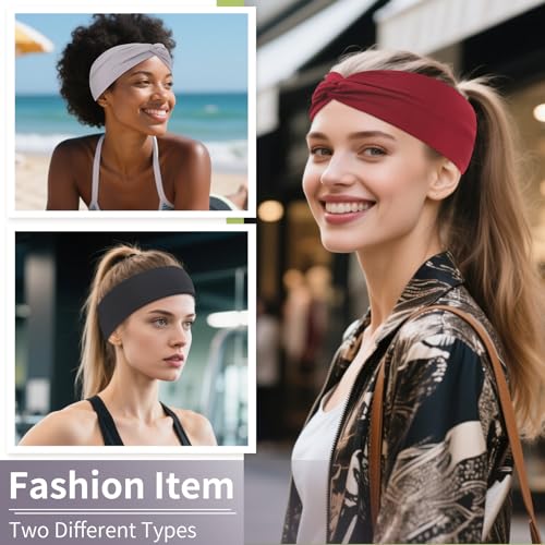 12 Pcs Stretchy Headbands for Women, Absorbed Sport Headband Soft Twist Knotted Hairbands for Daily Life Yoga Workout(Black/Grey/White/Red) - color: Black/Grey/White/Red
