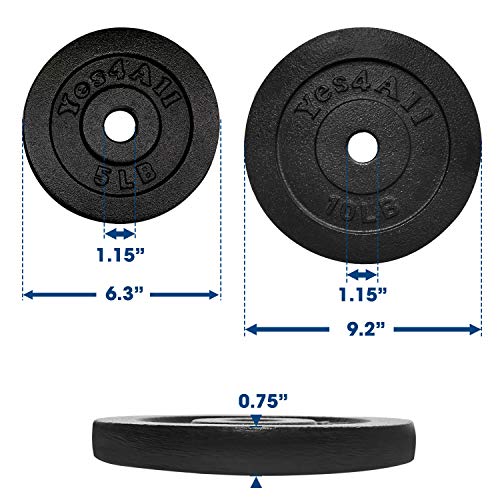 Yes4All Cast Iron Weight Plates, 1.15-Inch Standard Hole Weight Plate Set of 4 & 8, Fits Dumbbell Handles for Strength Training, Weightlifting & Home Gym Workouts - size: 30lb in Total (2x5lb + 2x10lb)