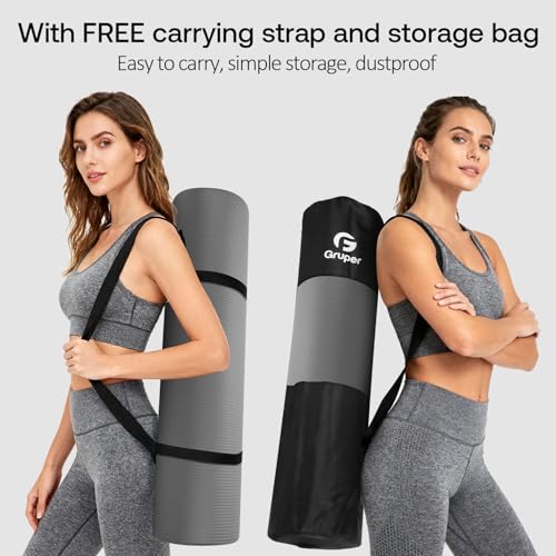 Gruper Yoga Mat Non Slip NBR Extra Thick Yoga Mat, 72"L x 32"/24"W x 0.6"/0.4"TH (185cm x 80cm/61cm x 15mm/10mm), Anti-Tear Exercise Mat with Carrying Strap and Bag, Workout Mats for Yoga, Pilates - color: Grey, size: 72 x 24 x 0.4 inches