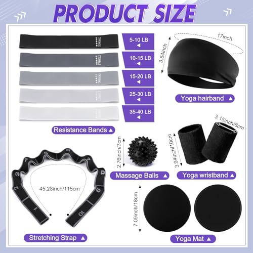 Poen 18 Pcs Home Pilates Kit for Women Pilates Ball and Ring Circle Set Yoga Fitness Essential with 5 Resistance Band Stretching Strap Non Slip Sock Ball Core Slider Wristband Headband Gym Bag - color: Black