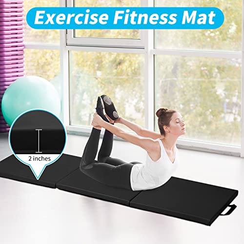 BLKMTY Gymnastics Mats - 2'x6' Folding Exercise & Yoga Mat with Carrying Handles for Kids' Tumbling & Home Gym - color: Black