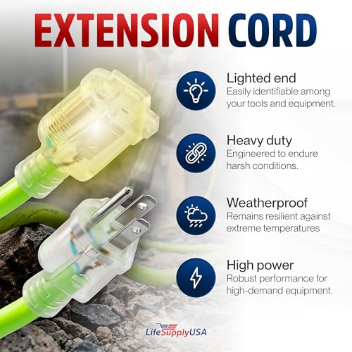 25ft Outdoor/Indoor Extension Cord 12/3 Gauge Extra Heavy Duty 3 Prong SJTW, Waterproof, Flexible Cold-Resistant Long Power Cord, 15A 125V 1875W, Neon Green by LifeSupplyUSA - color: Neon Green, size: 25 FT, style: 12AWG