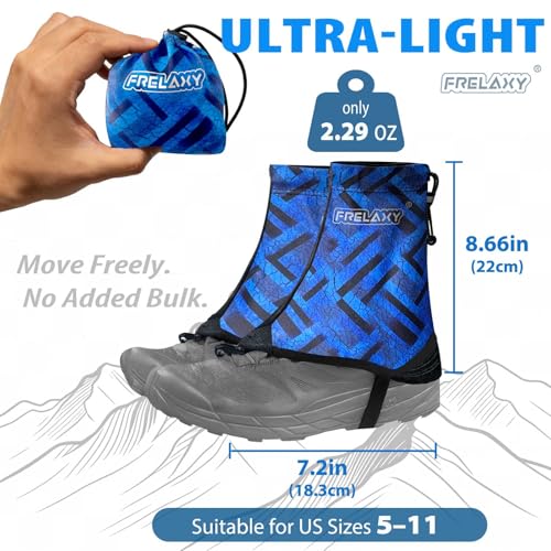 Frelaxy Ultralight Trail Gaiters, Low Shoe Gaiters for Hiking and Running | Breathable fabric, Wear-resistant design, Hypalon underfoot strap, Blocks rocks, mud, dust, Secure fit - color: Blue/Black