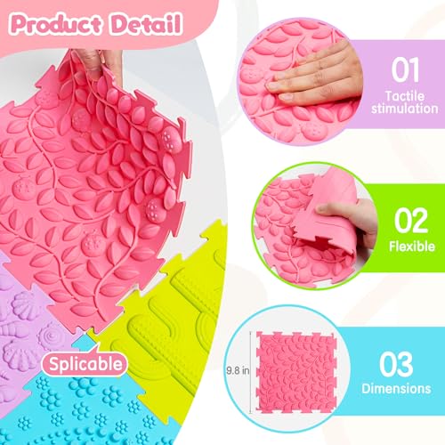 8 Pcs Sensory Mats, Sensory Tiles Puzzle Floor Mat for Kids Sensory Room Items，Different Patterns and Colors - Silicone Massage Orthopedic Mat for Children with Autism