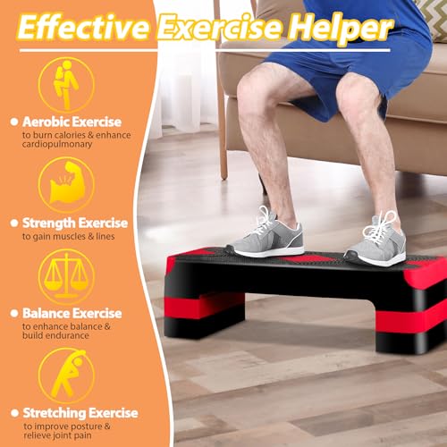 27'' Aerobics Stepper Workout Step Platform with 4 Risers 4"-6"-8" Height Adjustable, Non-Slip Fitness Exercise Workout Trainer for Cardio, Core, Strength Training,Home Gym - color: Red