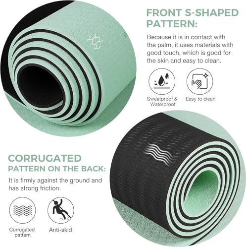 Gruper Yoga Mat Non Slip TPE Extra Wide Yoga Mat with Alignment Mark, 72"L x 32"W x 0.32"/0.24"Th (183cm x 80cm x 8mm/6mm), Anti-Tear Exercise Mat with Carrying Strap and Bag, Workout Mats for Yoga, Pilates - color: Green Black, size: 0.24*32*72 Inches
