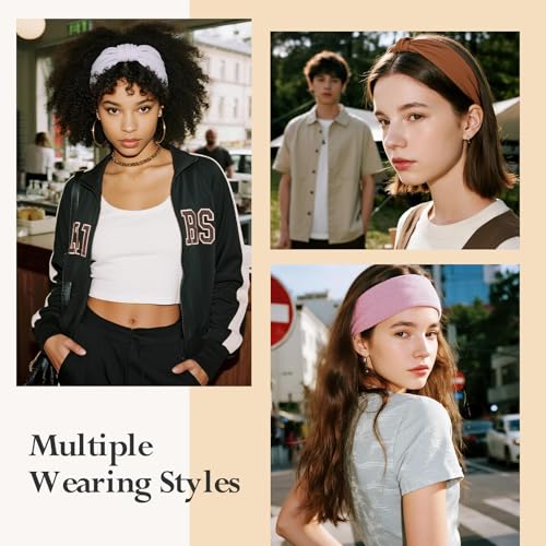 HSEM Headbands for Women, Wide Elastic Head Bands, Non-Slip Thick Hair Bands, Sports Stretchy Sweat Bands, Large Knotted Soft Headband for Washing Face, Makeup, Workout, Spa, Running, Fashion, 6-Pack - color: Grey/Navy/Brown/White/Pink/Black