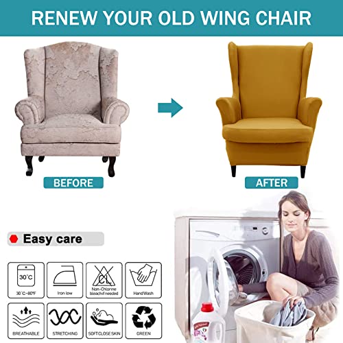 NILUOH Wingback Chair Cover 2-Piece Soft Stretch Wing Chair Slipcover Solid Color Armchair Sofa Couch Cover Furniture Protector with Elastic Bottom for Living Room Bedroom (Ginger) - color: Ginger