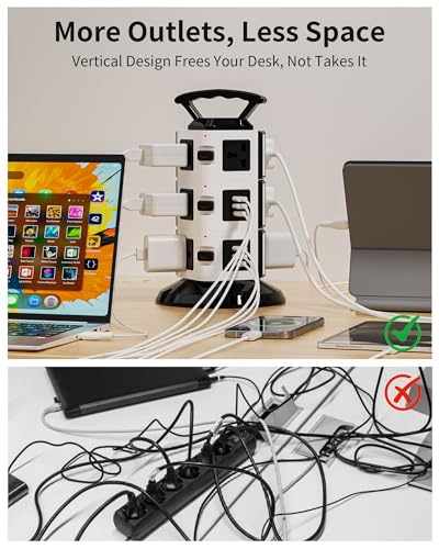 Power Strip Tower with 10 Outlets, 4 USB-A & 2 USB-C Ports, 1875W/15A Heavy Duty Charging Station for Multiple Devices, Plug Tower with 6ft Extension Cord, for Home, Office, Dorm - size: 3-Tier