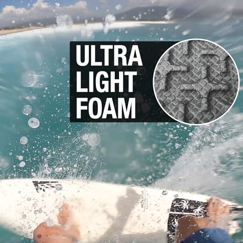 Ho Stevie! Premium Surfboard Traction Pad - Foot Won't Slip - 3 Piece, Full Size, Maximum Grip, Strongest 3M Adhesive - color: White with Black Palm Trees