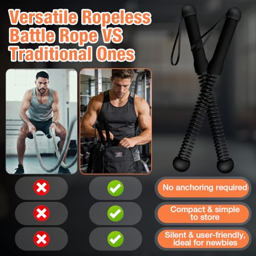 2PCS Ropeless Battle Ropes, Weighted Cordless Battle Ropes for Home Gym, Portable Silent Workout Rope Fitness Equipment for Full Body Toning, Low-Impact Workout, Strength & HIIT, Black - style: Black