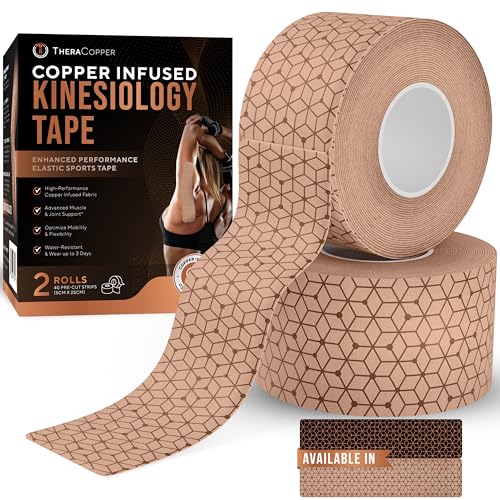 TheraCopper Copper Infused Kinesiology Tape – 2 Rolls (40 Precut Strips) – Advanced Waterproof Kinesiology Tape for Shoulder, Elbow, Bowling Wrist, Weightlifting, Muscle Strain & Joint Support (Tan) - color: Tan