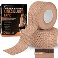 TheraCopper Copper Infused Kinesiology Tape – 2 Rolls (40 Precut Strips) – Advanced Waterproof Kinesiology Tape for Shoulder, Elbow, Bowling Wrist, Weightlifting, Muscle Strain & Joint Support (Tan) - color: Tan