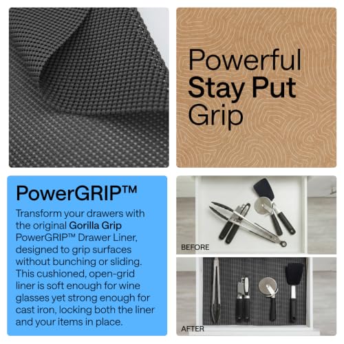 GORILLA GRIP powerGRIP Drawer Shelf and Cabinet Liner, Thick Strong Hold, Non-Adhesive Liners Protect Kitchen Cabinets and Cupboard, Bathroom Drawers, Easy Install, Breathable Mat, 12" x10', Charcoal - color: Charcoal, size: 12" X 10', style: 12" x 10'