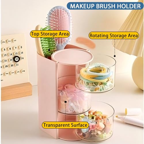 Azurphoric Hair Accessories Organizer with Hair Brush Holder, Rotatable Makeup Brush Holder for Necklaces, Earring, Bracelet, Ring, Makeup Brushes, Hair Clip and Hair Accessories (Pink, 3-Layer) - color: Pink, size: 3-Layer