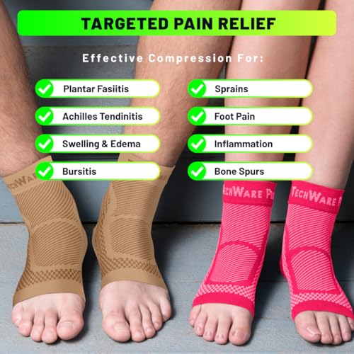 TechWare Pro Ankle Brace Compression Sleeve - Plantar Fasciitis Sock. Relieves Achilles Tendonitis. Foot Arch Support Reduces Joint Pain, Swelling & Heel Spur Pain. Injury Recovery Braces for Sports - color: Beige, size: S / M (see size chart)
