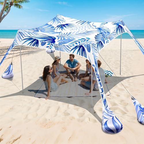 2PM SPORTS Beach Tent Sun Shelter 10x10 FT - UPF 50+ UV Protection, 8 Sandbags, Easy Setup, Portable Beach Shade Canopy for Family Picnic Camping Travel - color: Palm leaves