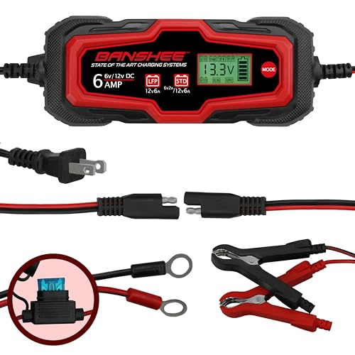 Smart Battery Charger, Maintainer, and Desulfator 6 Amp 6V/12V - for Cars, Trucks, SUVs, RVs- Standard & Absorbed Glass Mat Lead Acid (Wet, STD, AGM) & LiFePO4 Batteries- LCD Display, SAE Connectors