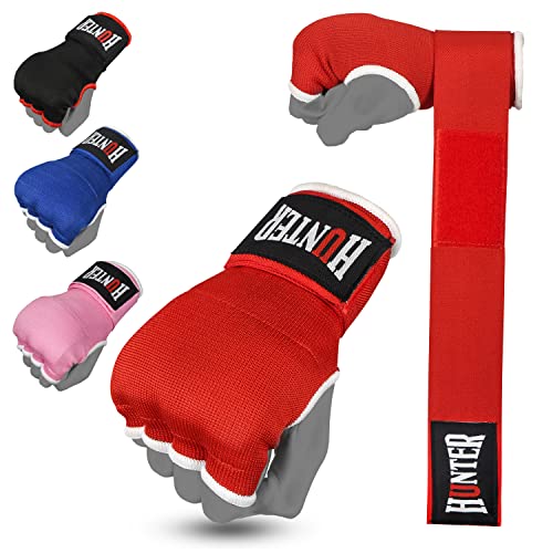 HUNTER Gel Boxing Hand Wraps for Men & Women, Quick Inner Gloves with Wrist Support for MMA, Muay Thai, Kickboxing & Martial Arts Training, Knuckle Protection (Pair) - color: Red, size: Small-Medium