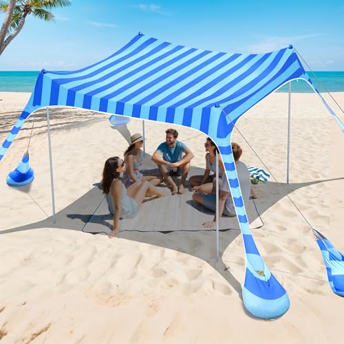 2PM SPORTS Beach Tent Sun Shelter 10x10 FT - UPF 50+ UV Protection, 8 Sandbags, Easy Setup, Portable Beach Shade Canopy for Family Picnic Camping Travel - color: Striped blue