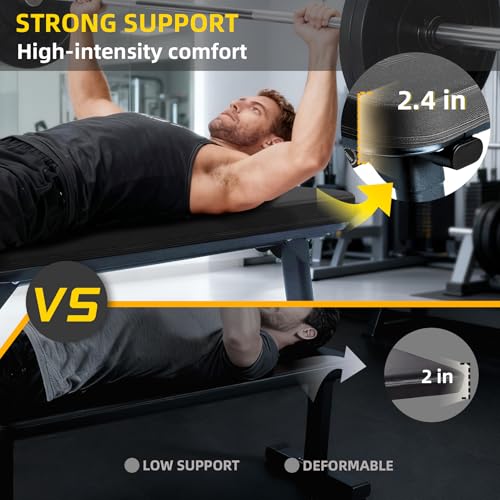 Flat Weight Bench, 2.4 Inch Thick Pad Workout Bench 660 LBS Bench Press Exercise Equipment for Home Gym Strength Weight Training - color: Black, size: 43 in Foldable