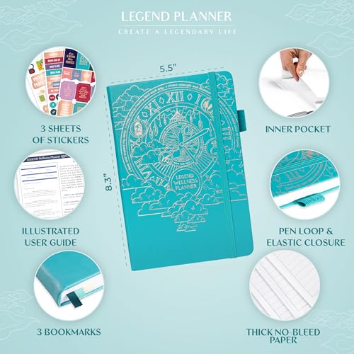 Legend Wellness Planner & Food Journal – Daily Diet & Health Journal with Weight Loss, Measurement & Exercise Trackers – Lifestyle & Nutrition Diary – Lasts 6 Months, A5 size – Turquoise - color: Turquoise Gold Foil, size: A5 (5.8” x 8.3”)