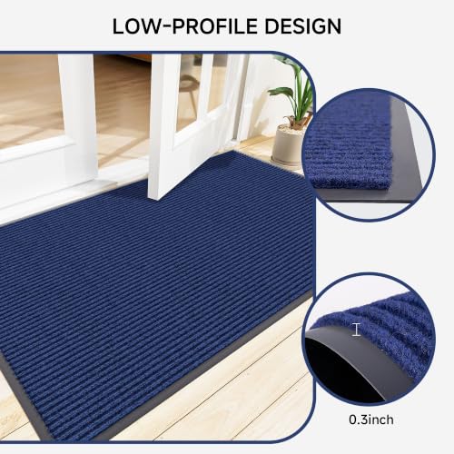 100pointONE Front Door Mat, Heavy Duty Indoor Outdoor Doormat, 72" x 24" Low Profile Outdoor Mats for Home Entrance, Stain and Fade Resistant Shoe Scraper Mat, Ideal for High Traffic Area, Blue - color: Blue Striped, size: 2' x 6' (Rectangular)