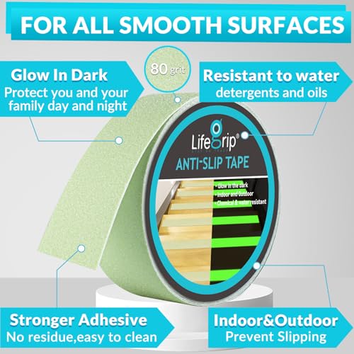 LifeGrip Anti Slip Traction Tape with Glow in Dark Green, 2 Inch x 38 Feet - Best Grip, Friction, Abrasive Adhesive for Stairs, Tread Step, Indoor and Outdoor, Luminous Green (2 inch X 38 feet) - color: All Glow in the Dark, size: 2" X 38'