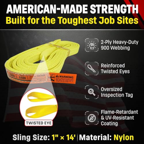 DD Sling 1 Inch x 14 Foot Nylon Lifting Sling – USA Made, 3,200 lb Vertical, 2,600 lb Choker, 6,400 lb Basket – 2-Ply Heavy Duty 900 Webbing, Type 4 Twisted Eye & Eye Rigging Sling - size: 1" x 14'