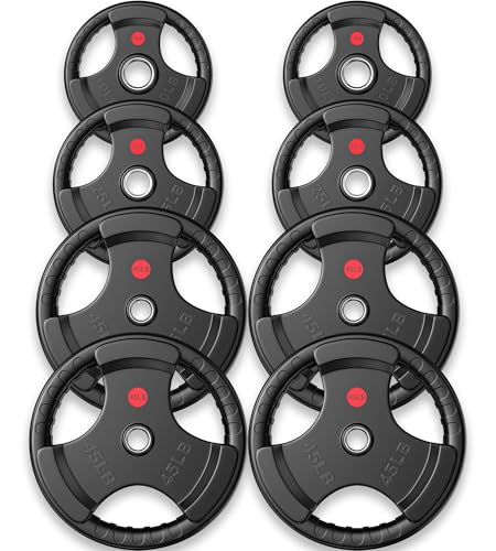 Gikpal Olympic Weight Plates, 2-Inch Three-Grip Rubber Coated Barbell Plates with Steel Hub, Cast Iron Weights for Strength Training & Home Gym, Pair or Sets (2.5–45LB) - style: 250LBS Set (2x10,2x25,4x45lb)