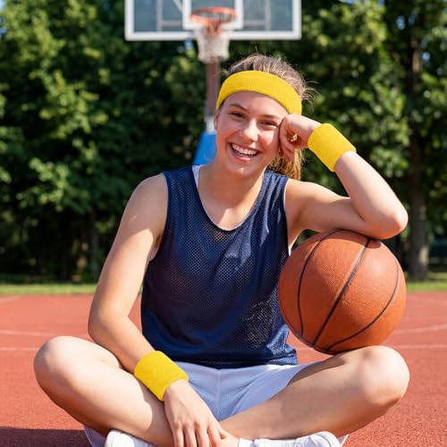 Sucrain 3 Pieces Sweatbands Set, 1 Pieces Sports Headband and 2 Pieces Wristbands,Wicking Sweat Head Band for Youth Womens Men - color: Yellow
