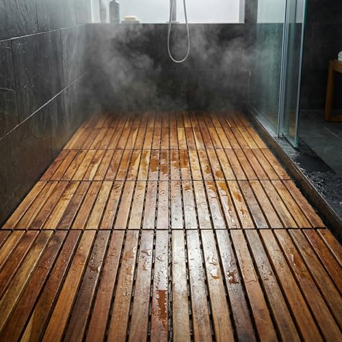 Bare Decor EZ-Floor Interlocking Flooring Tiles in Solid Teak Wood Oiled Finish (Set of 10), Long 9 Slat - size: 10 Tiles (10 sq ft)