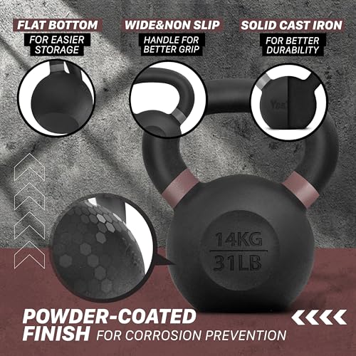 Yes4All Powder Coated Kettlebell, Cast Iron Core Kettlebells with Non-Slip Handle & Flat Bottom for Conditioning, Heavy Duty for Strength Training, 9lb to 71lb - Single & Pair - color: Brown, style: A. Single