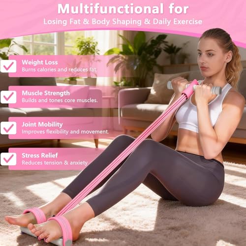 Pedal Resistance Band with Handle, 8-Tubes Multifunction Pedal Resistance Band, Natural Rubber Foot Pedal Resistance Band, Exercise Bands with Handles for Abdomen, Waist, Arm, Leg, Pink