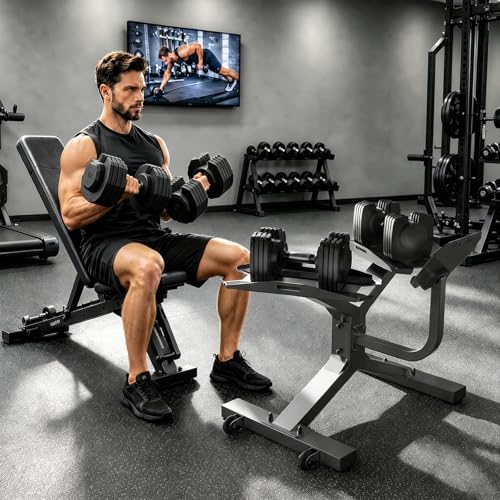 Adjustable Dumbbell Rack with Tablet Stand, 330LB Capacity Weight Rack Stand for Home Gym, Fitness Dumbbell Holder, Strength Training Weight Rack Stand with Non-Slip Silicone Tray, Straps, Wheels