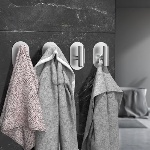 Aikzik Silver Adhesive Hooks Heavy Duty, Wall Hooks for Shower, Bathroom, Towel, Coat, Robe, Stainless Steel Hooks for Hanging, Waterproof & Rustproof Sticky Hooks for Walls No Damage- 2 Pack - color: Silver-2Pack