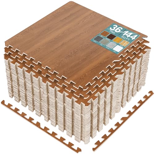 Sorbus 144 Sq. Ft. Wood Grain Floor Tiles Foam Mat EVA Interlocking Mats Tile 3/8-Inch Thick Flooring Wood Puzzle Exercise Mats w/Borders - Home Playroom Basement, Apartment, Trade Show, Baby, Dance - color: Pine, size: 36 Pack