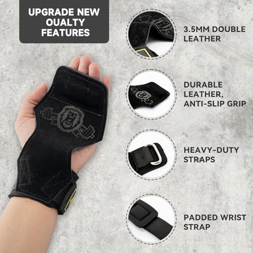 MANUEKLEAR Gym Straps Weight Lifting, Double Leather Lifting Straps for Men Deadlift with Cushion Wrist Loop, Gym Lifting Wrist Wraps for Weightlifting - color: One Size - Black