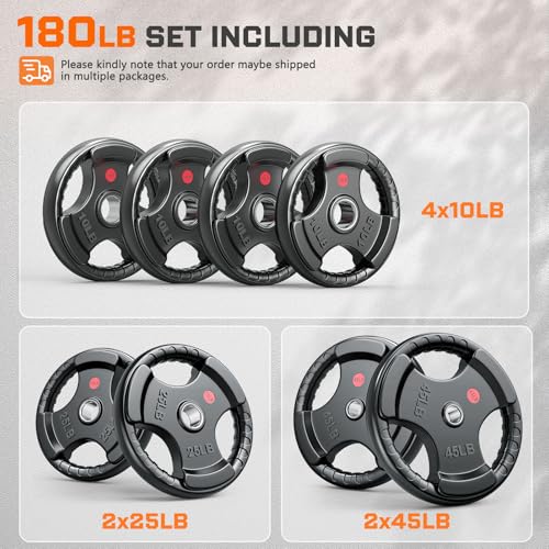 XDDIAS Rubber Weight Plates for Barbell, 2-Inch Olympic Grip Plate for Strength Training, Weightlifting and Bodybuilding in Home & Gym, Solid Cast Iron Weight Plates Pair and Sets - color: 180LBS Set (Pair of 25, 45 & 4x10LB)