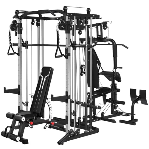 All in One Home Gym System Workout Station, Multi-Function Smithe Machine Power Cage with Cable Crossover System, Tripe-Sided Independent Load Posts, Functional Trainer for Full Body Training - color: Black, style: Home Gym Station with Weight Bench (9001